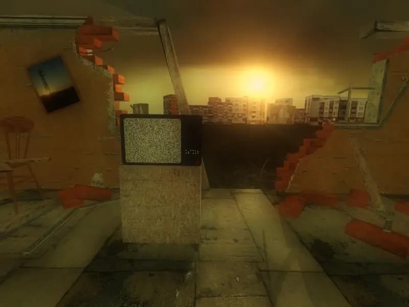 A screenshot of my award winning project - The Portal, showing a sunset in a post-apocalyptic world