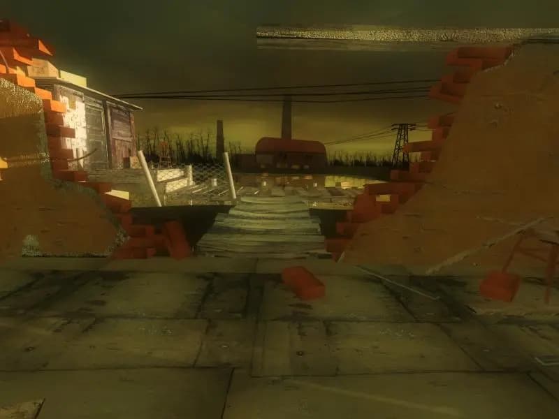 A screenshot of my award winning project - The Portal, showing an abondoned factory in a post-apocalyptic world