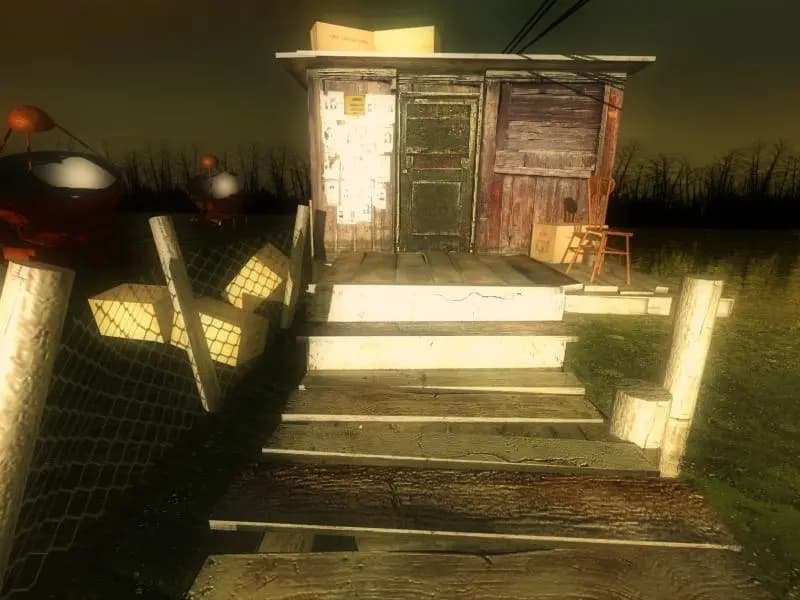 A screenshot of my award winning project - The Portal, showing an old lake shed in a post-apocalyptic world