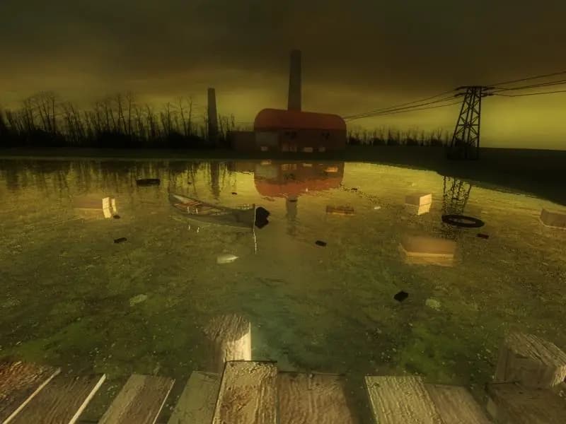 A screenshot of my award winning project - The Portal, showing an old lake filled with industrial materials in a post-apocalyptic world
