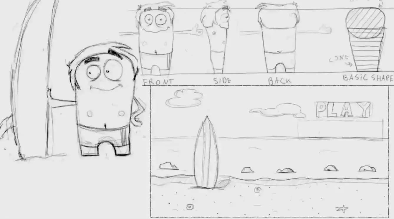A storyborad drawing of a cartoon surfer in different poses