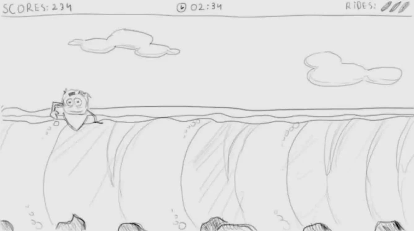 A game storyboard of a cartoon surfer riding a wave