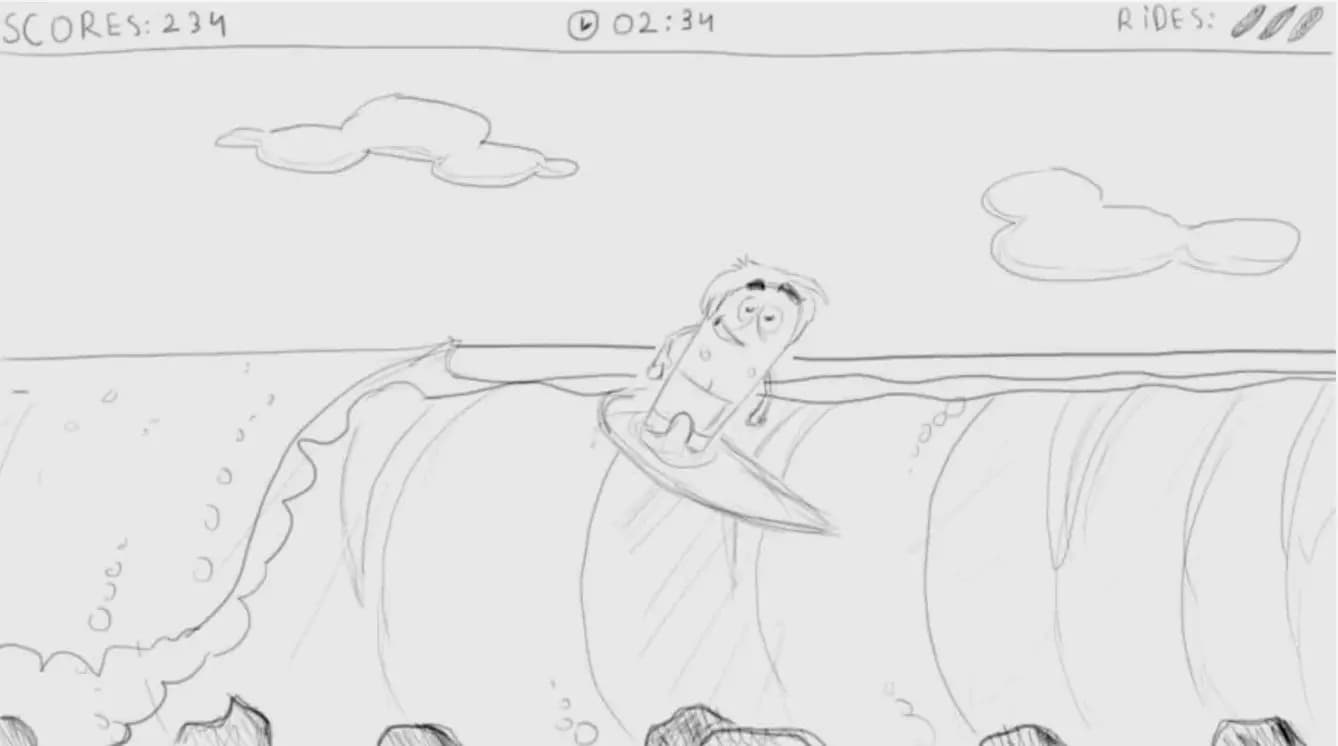 A storyboard drawing of a cartoon surfer doing tricks on a wave