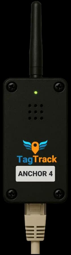 A photo of a UWB anchor device used in industrial tracking