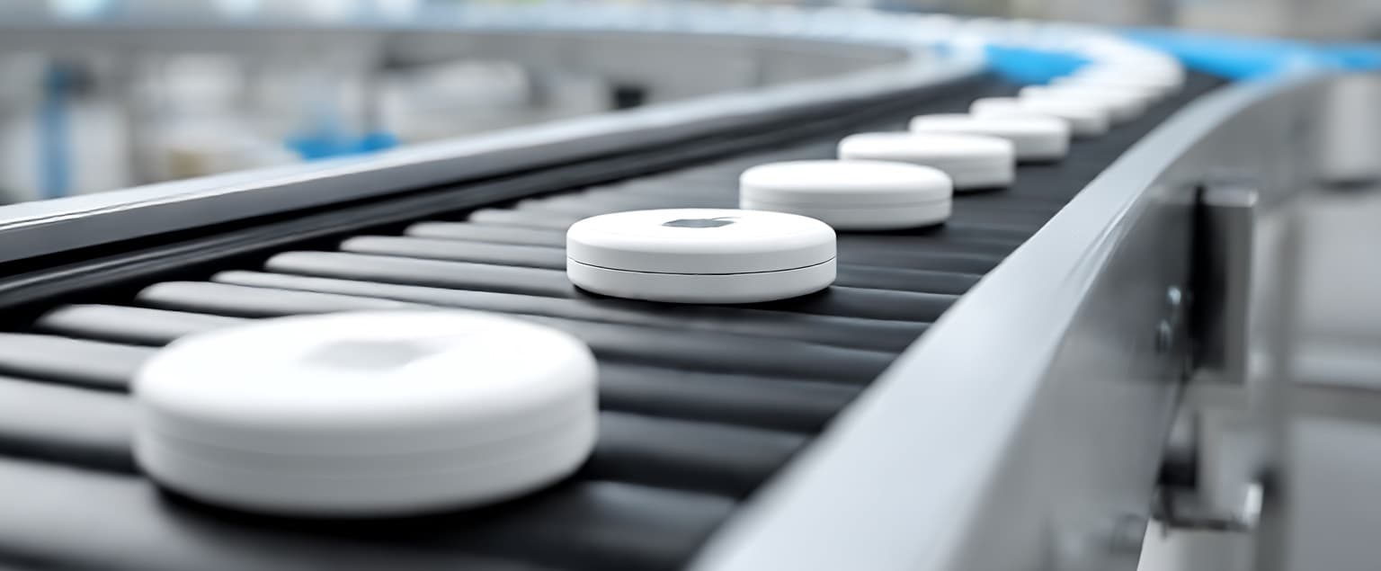 An Apple AirTag on a conveyor belt in an industrial setting