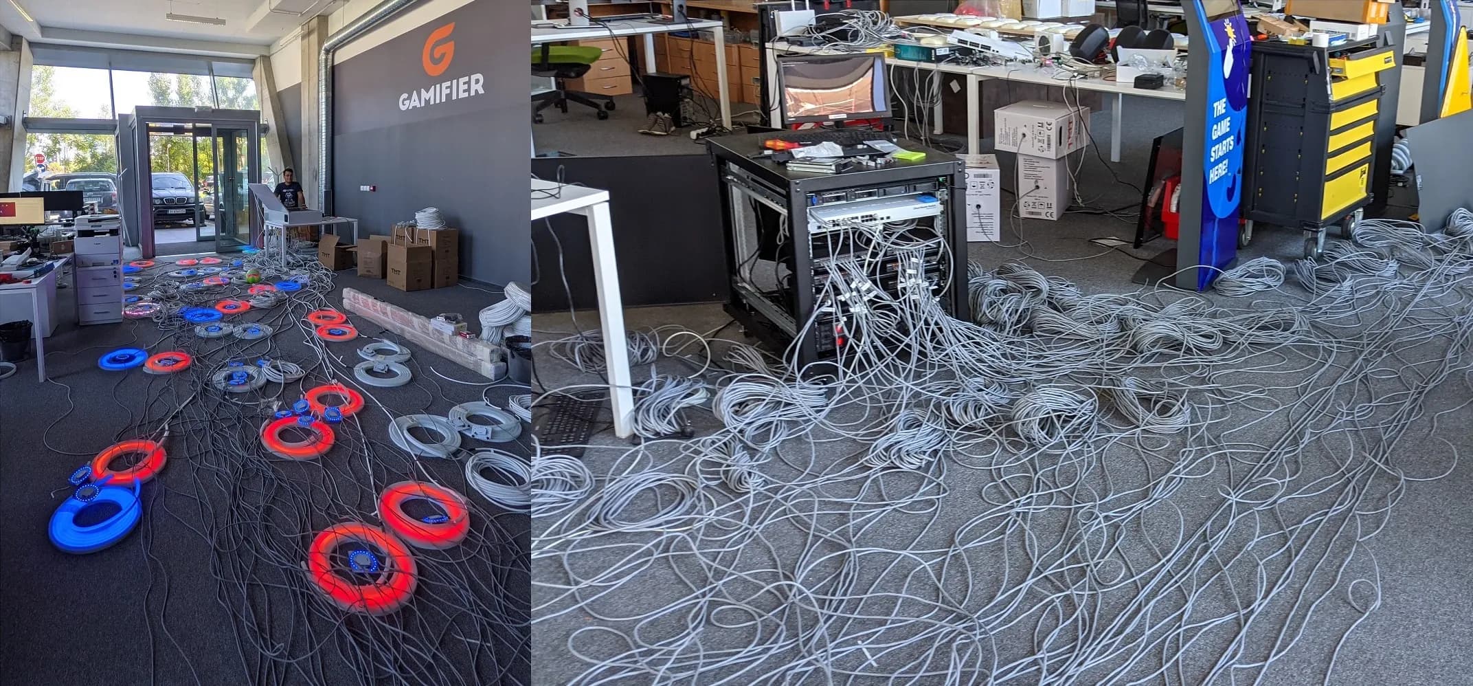 A chaos of cables and hardware in the Techtopia during the mass sale of the Gamifier system